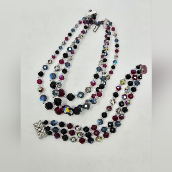 VINTAGE LAGUNA AB CRYSTAL TRIPLE STRAND DEMI PARURE NECKLACE BRACELET JEWELRY - Picture 14 of 16